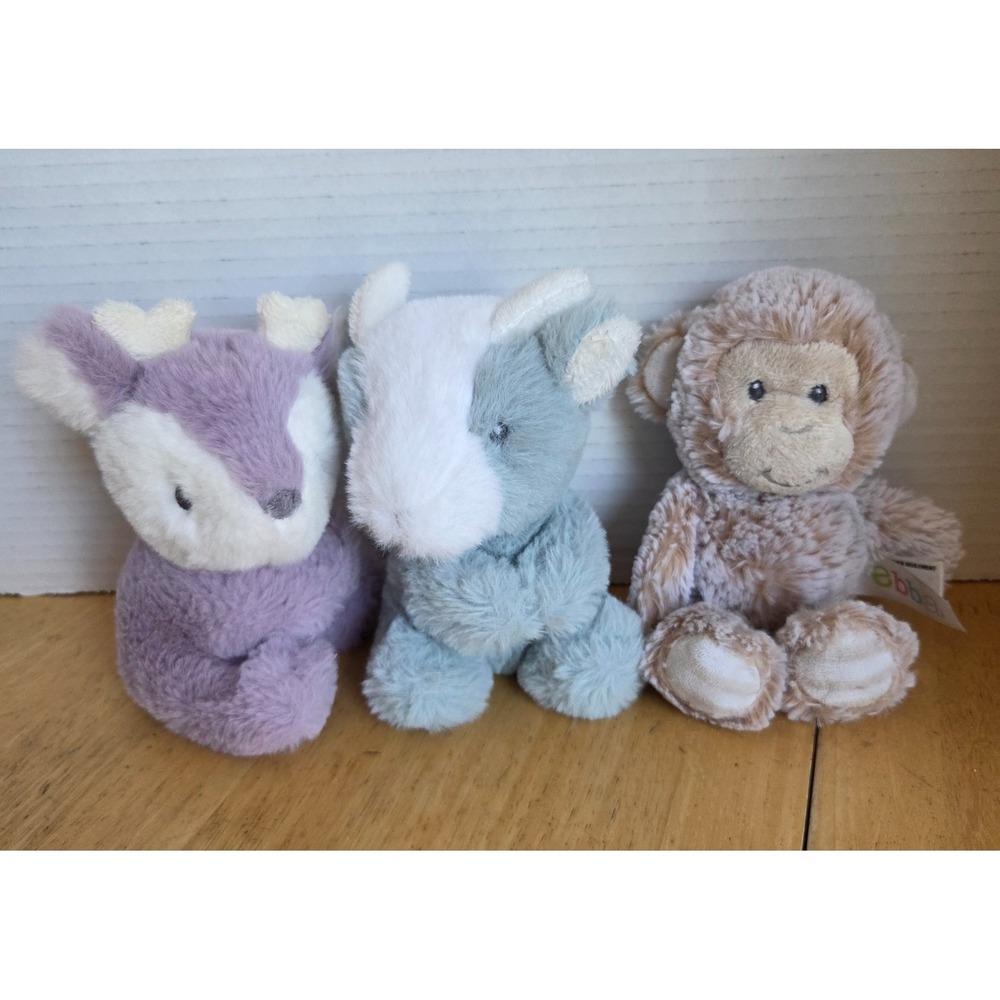 Lot of 3 Eco Ebba Aurora Plush Rattles 6 inch Willow Fawn Coby Cow Milo Monkey